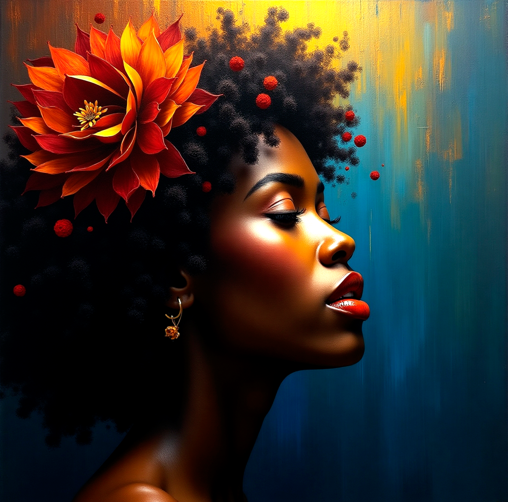 A beautiful black women with a orange flower in her hair.  Here skin is vibrant brown.  A wonderful blue background